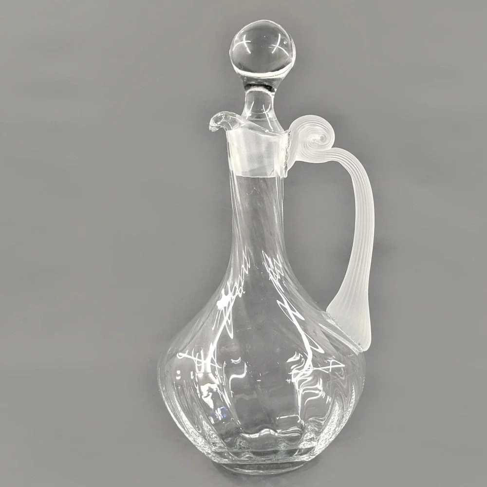 Vintage Hand Blown Glass Wine Decanter Frosted Ribbon Handle Stopper 13in